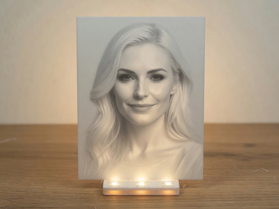 White FDM lithophane — the photo appears when light shines from behind