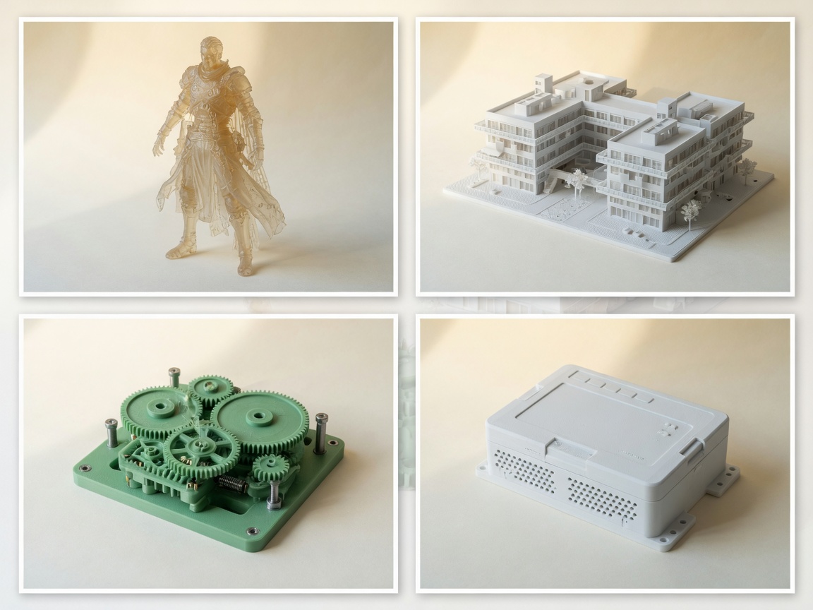 3D printed samples — figure, architecture, gear and enclosure — NYXLABS